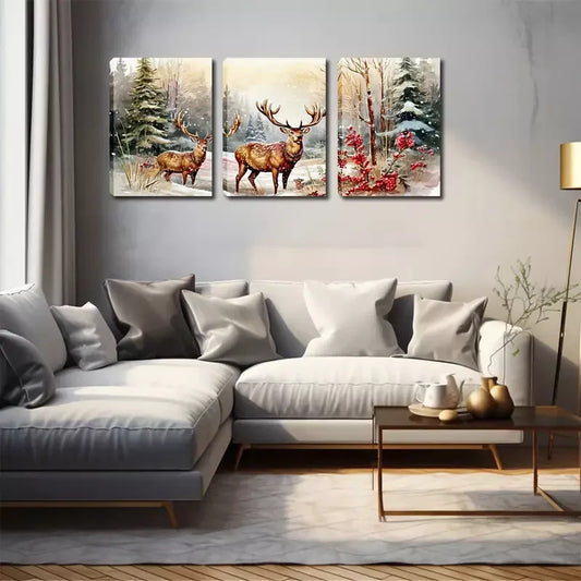 3pcs Moose in Snow Triptych   Wall Art Set Canvas Framed 40x60cm - High Quality Print 100% Australian Made Wall Canvas Ready to Hang