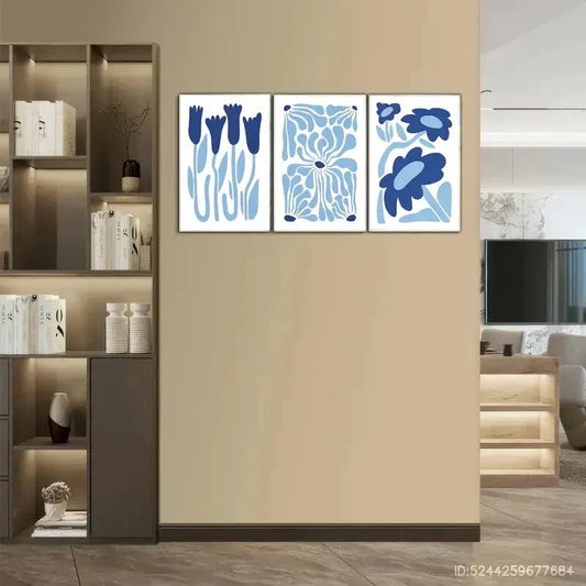 3pcs Space Blue Flower Decoration Minimalist Metal Print Ready to Hang Art
