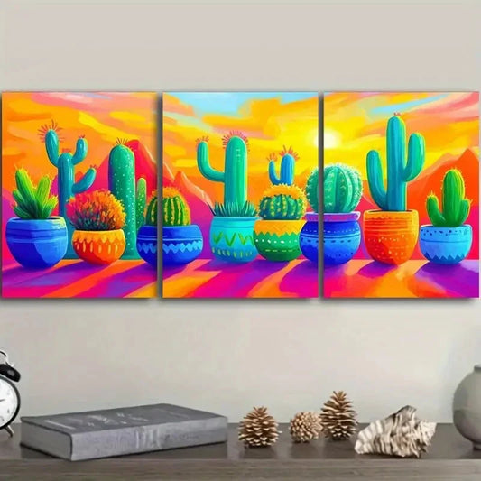 3pcs  Cactus in colorful flower POTS Art Painting  Metal Print Ready to Hang Art