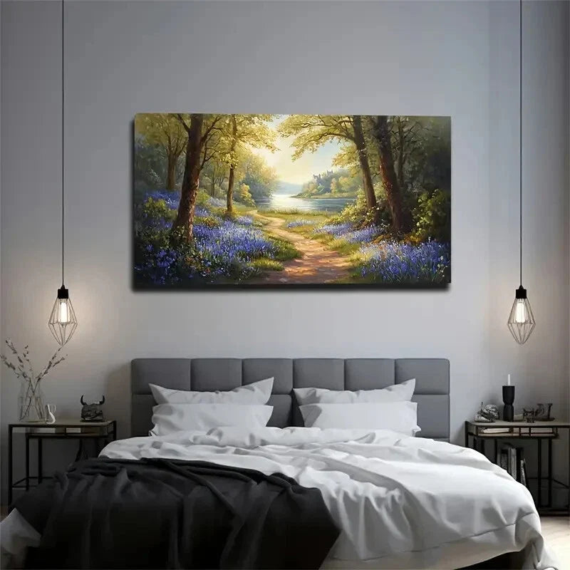 Serene Blue Floral Pathway Wall Art Canvas Office Home Room Framed 120x60cm