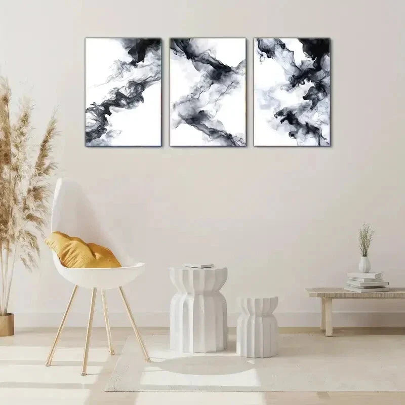 3pcs Black and White Abstract Ink Wall Art Metal Print Ready to Hang Art