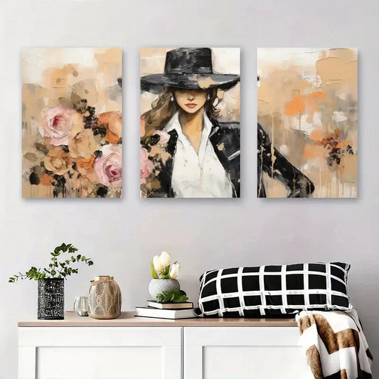 3pcs Modern Woman with Black Hat and Roses Metal Print Ready to Hang Art