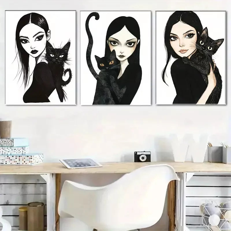 3pcs  Gothic Style Girl and Black Cat Triptych Wall Art Set Canvas Framed 40x60cm - High Quality Print 100% Australian Made Wall Canvas Ready to Hang