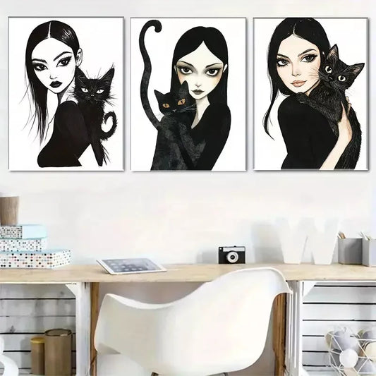 3pcs  Gothic Style Girl and Black Cat Triptych Wall Art Set Canvas Framed 40x60cm - High Quality Print 100% Australian Made Wall Canvas Ready to Hang