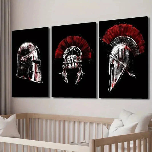 3pcs Red & White Roman Spartan Helmets Wall Art Set Canvas Framed 40x60cm - High Quality Print 100% Australian Made Wall Canvas Ready to Hang