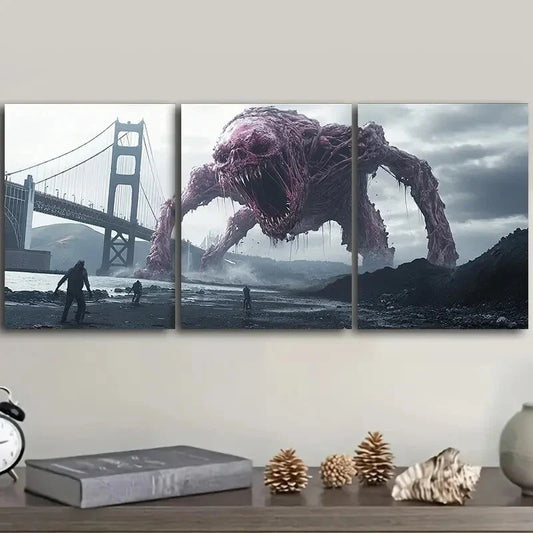 3pcs Alien Creature & Bridge Scene Metal Print Ready to Hang Art