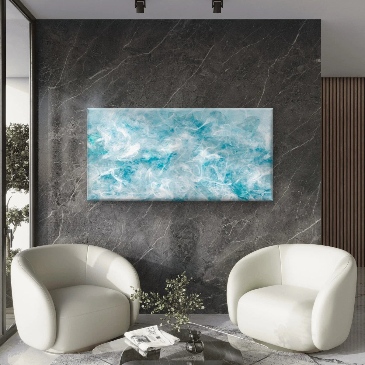 Smoke Texture Blue Abstract Wall Art Canvas Office Home Room Framed 80x45cm