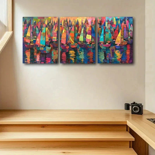 3pcs Colorful Sailboats in the Water Metal Print Ready to Hang Art
