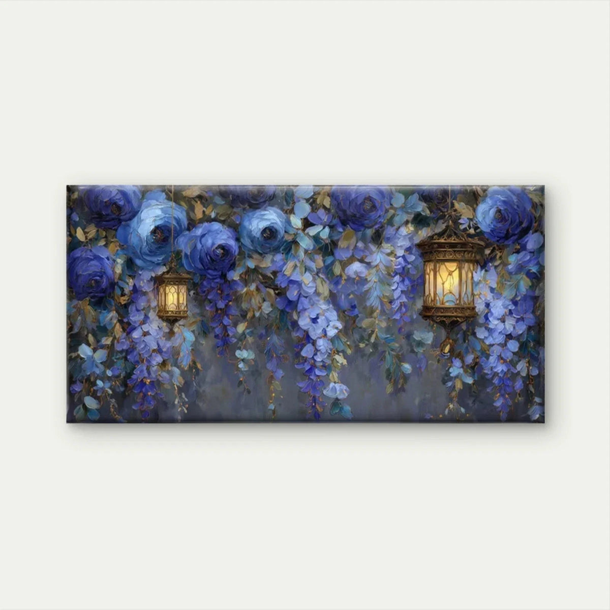 Blue Wisteria Flower Lantern Wall Art Canvas Office Home Room Framed 120x60cm