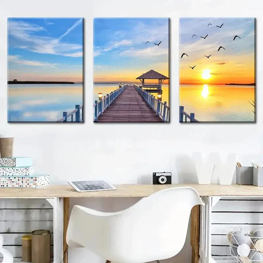 3pcs Seaside Wooden Bridge And Sunset Lake Metal Print Ready to Hang Art
