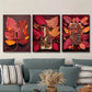 3pcs  Red circuit board with leaves, Metal Print Ready to Hang Art