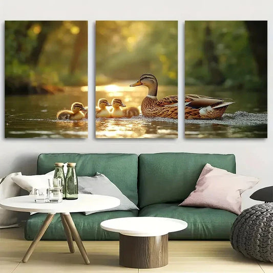 3pcs Mother Duck with Ducklings Nature Scene Metal Print Ready to Hang Art