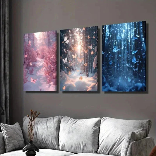 3pcs Blue and Pink Butterfly in Forest Wall Art Set Canvas Framed 40x60cm - High Quality Print 100% Australian Made Wall Canvas Ready to Hang