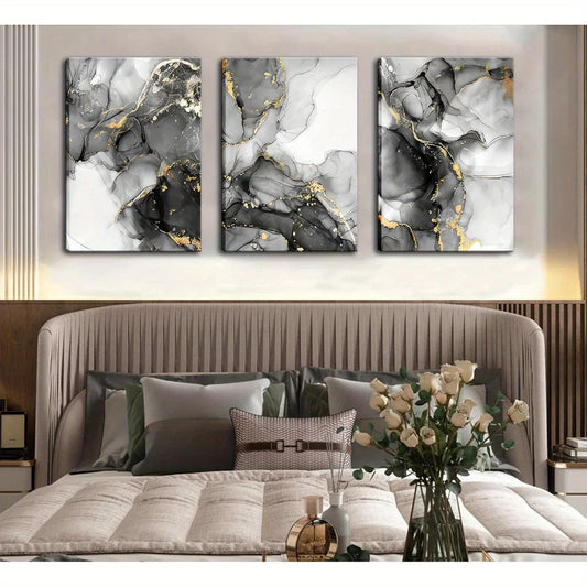 3pcs Black and Golden Abstract Marble Metal Print Ready to Hang Art