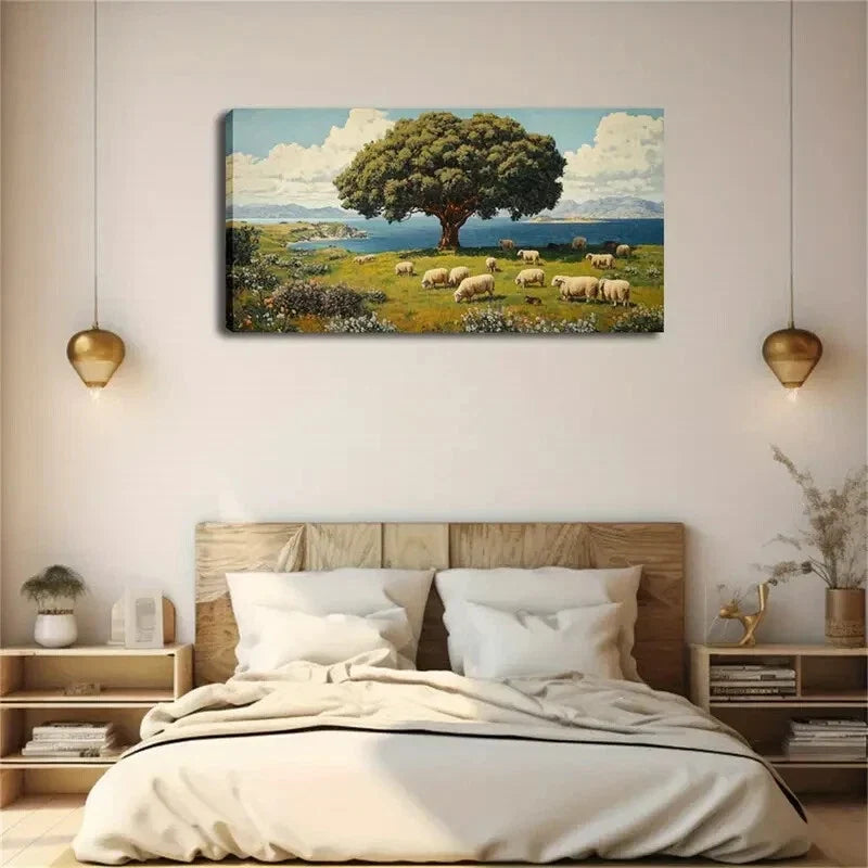 Group Of Sheep Grazing Modern Wall Art Canvas Office Home Room Framed 120x60cm