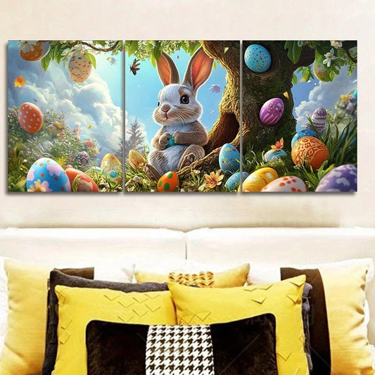 3pcs Vibrant Bunnies Eggs & Floral Blooms Metal Print Ready to Hang Art