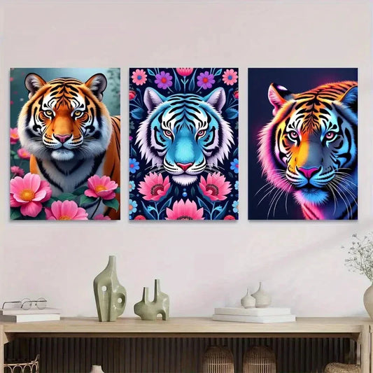 3pcs Vibrant Tiger Modern Picture Wall Art Set Canvas Framed 40x60cm - High Quality Print 100% Australian Made Wall Canvas Ready to Hang