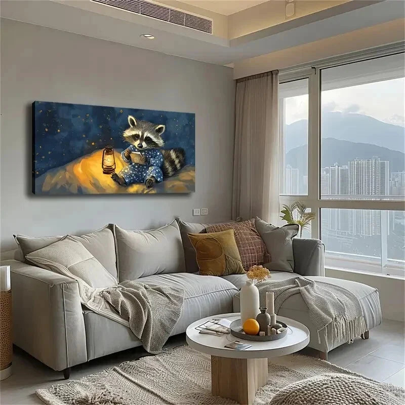 Bright Lantern Beside Raccoon Wall Art Canvas Office Home Room Framed 120x60cm