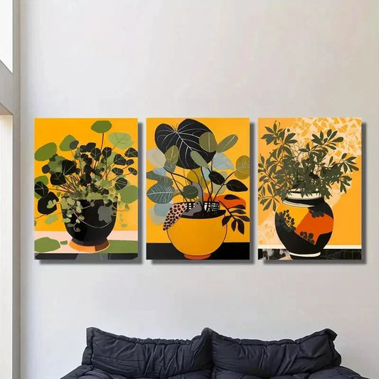 3pcs Green leaves painting, plant pot, Metal Print Ready to Hang Art