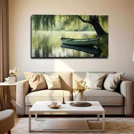 Serene Lake Scene Boat Décor Wall Art Canvas Office Home Room Framed 120x60cm