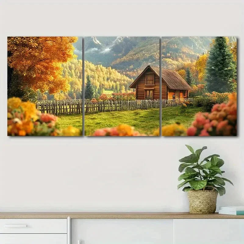 3pcs Autumn Log Cabin Landscape Perfect Wall Art Set Canvas Framed 40x60cm - High Quality Print 100% Australian Made Wall Canvas Ready to Hang