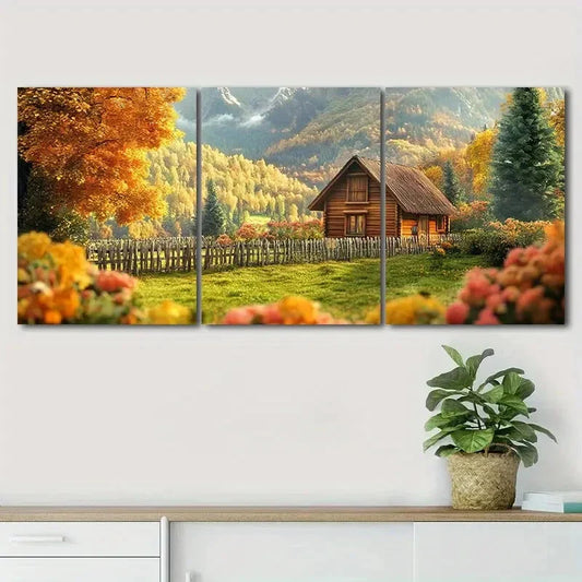 3pcs Autumn Log Cabin Landscape Perfect Wall Art Set Canvas Framed 40x60cm - High Quality Print 100% Australian Made Wall Canvas Ready to Hang