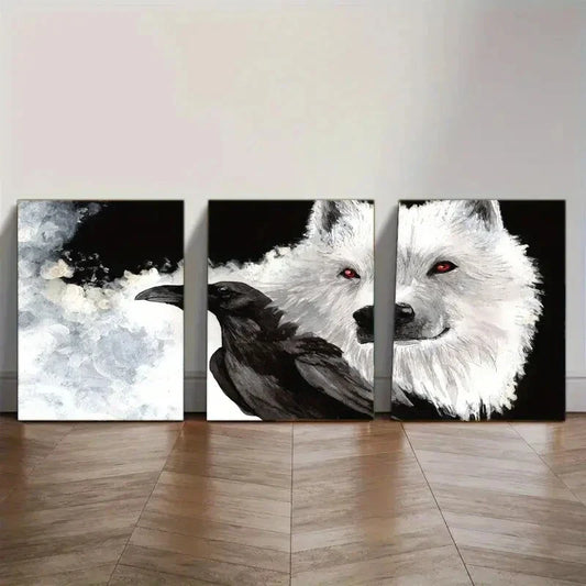 3pcs White Wolf and Black Crow Painting Print Metal Print Ready to Hang Art