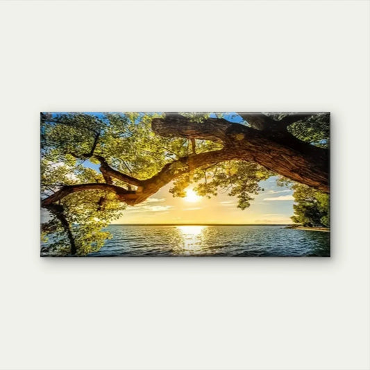 Trees Sunset Ocean Abstract Wall Art Canvas Office Home Room Framed 80x45cm