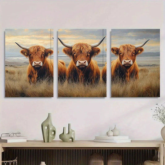 3pcs Highland Cows Rustic Animal Metal Print Ready to Hang Art