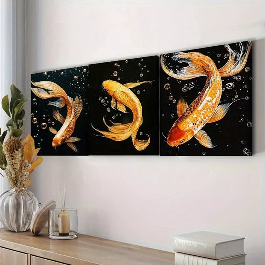 3pcs  Yellow Koi Fish Black Background Wall Art Set Canvas Framed 40x60cm - High Quality Print 100% Australian Made Wall Canvas Ready to Hang