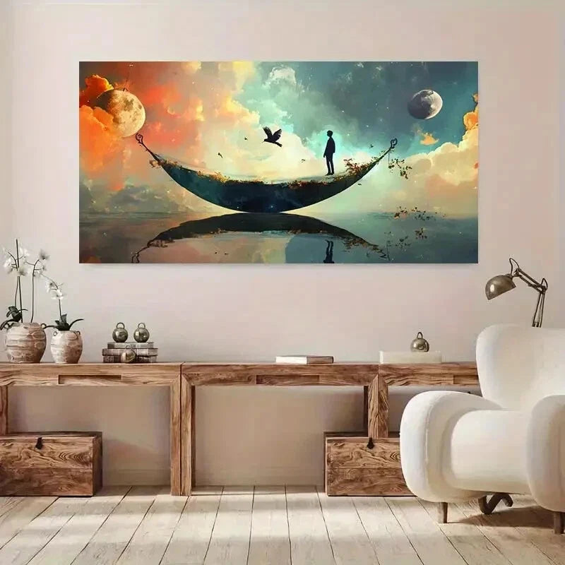 Swing Scene Planets Stars wall canvas office home room framed 120x60cm