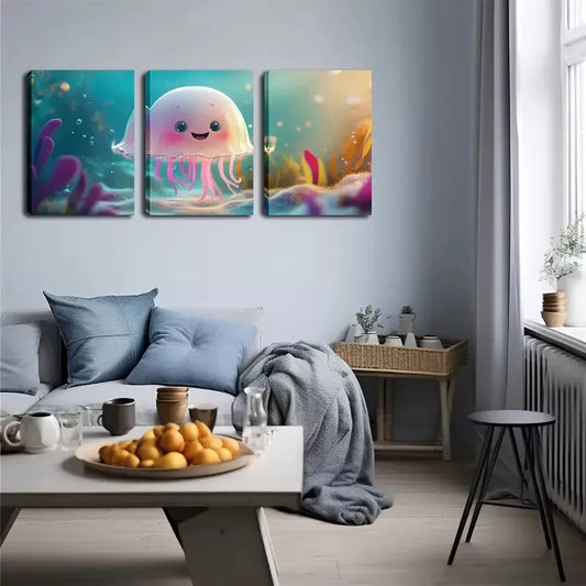 3pcs Charming Cartoon Jellyfish Wall Art Set Canvas Framed 40x60cm - High Quality Print 100% Australian Made Wall Canvas Ready to Hang