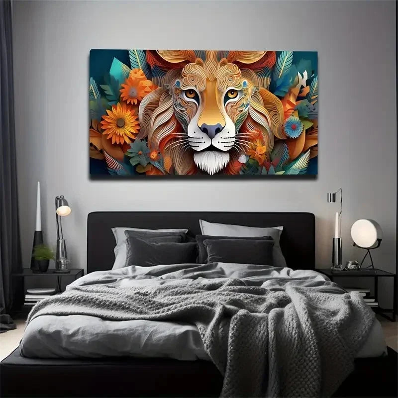 Bohemian Lion Wall Art Canvas Office Home Room Framed 80x45cm