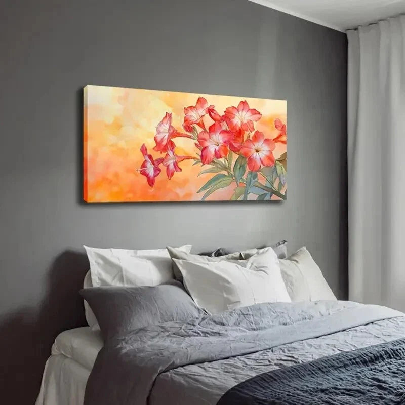 Vibrant Red Flowers Green Leave Wall Art Canvas Office Home Room Framed 120x60cm