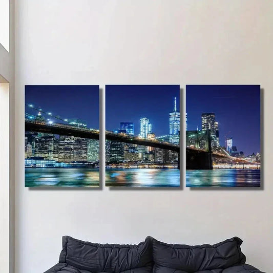3pcs Artworks Featuring a Nighttime Cityscape Metal Print Ready to Hang Art