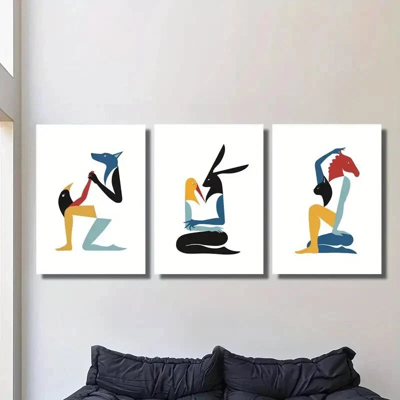 3pcs colorful animal paintings, cartoon animal Metal Print Ready to Hang Art