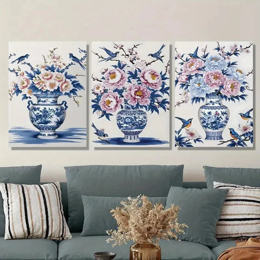 3pcs blue and white vase plants and birds, Metal Print Ready to Hang Art