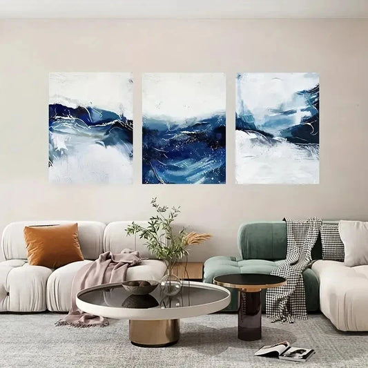 3pcs Blue & White Abstract Wave Metal Print Ready to Hang Art