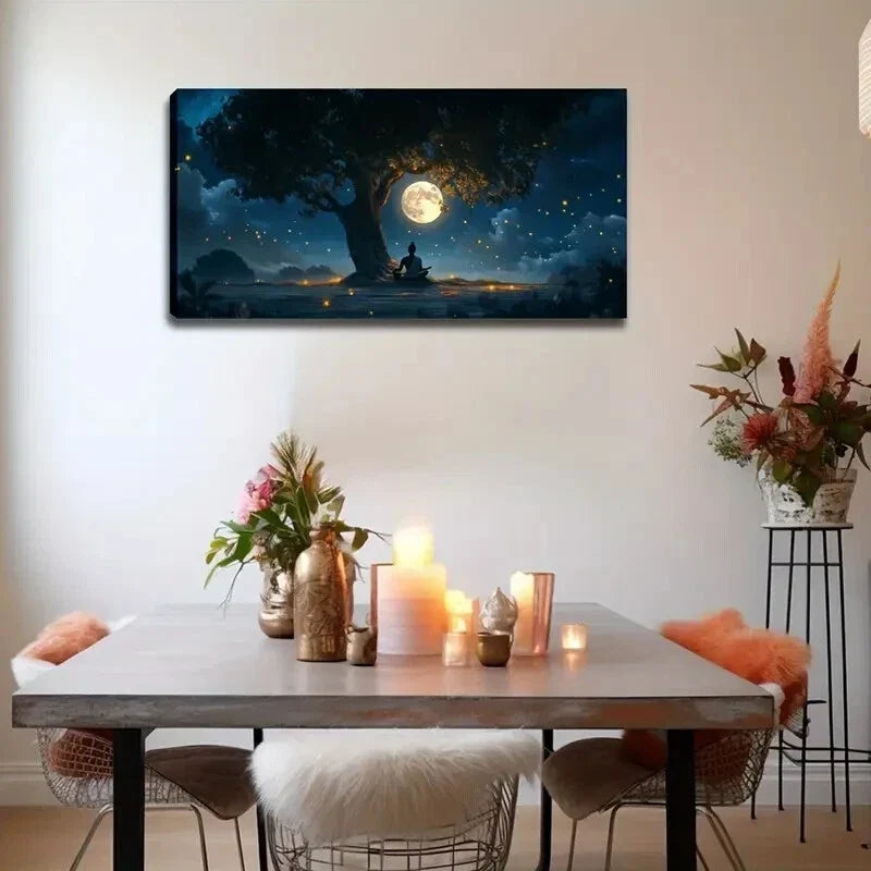 Tranquil Nighttime Scene Tree Wall Art Canvas Office Home Room Framed 120x60cm
