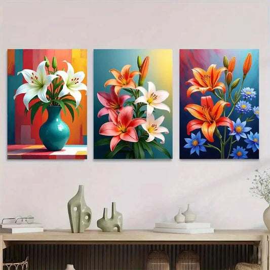 3pcs Vibrant Lily Flower Triptych Modern Classic  Wall Art Set Canvas Framed 40x60cm - High Quality Print 100% Australian Made Wall Canvas Ready to Hang