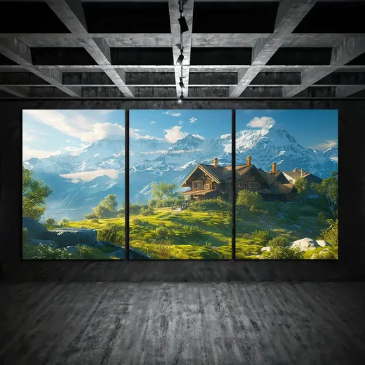 3pcs Sunny Mountain Cabin Scenery Metal Print Ready to Hang Art