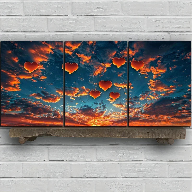3pcs Heart-Shaped Cloud Blue Sky Metal Print Ready to Hang Art