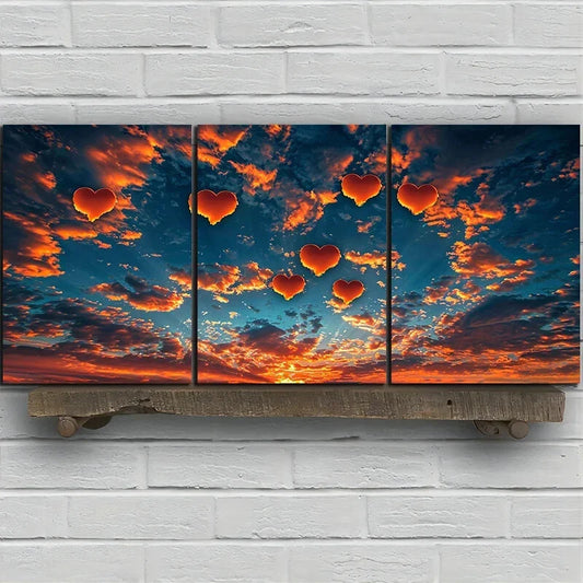 3pcs Heart-Shaped Cloud Blue Sky Metal Print Ready to Hang Art