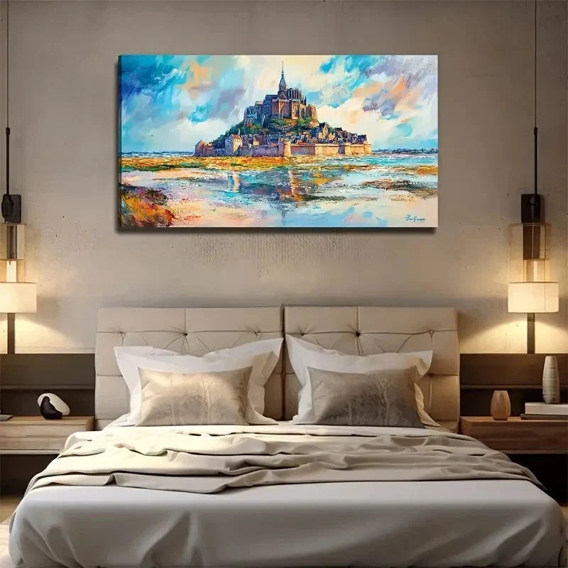 Castle By The Sea Coastal Wall Art Canvas Office Home Room Framed 80x45cm