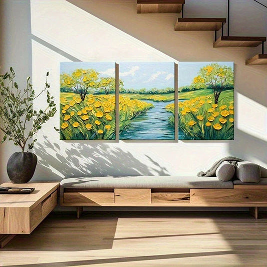 3pcs Yellow Flowers River Flow Green Trees Metal Print Ready to Hang Art