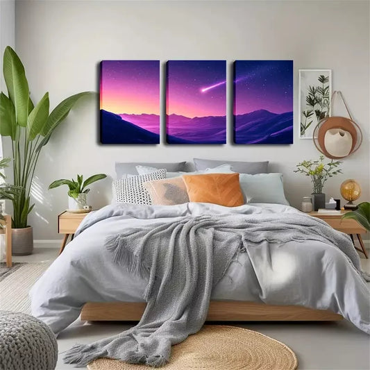 3pcs Purple Sky, Comet, Attractive Artwork Wall Art Set Canvas Framed 40x60cm - High Quality Print 100% Australian Made Wall Canvas Ready to Hang