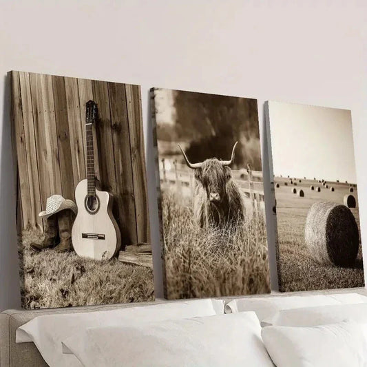 3pcs  Vintage Highland Cow & Guitar Wall Art Set Canvas Framed 40x60cm - High Quality Print 100% Australian Made Wall Canvas Ready to Hang