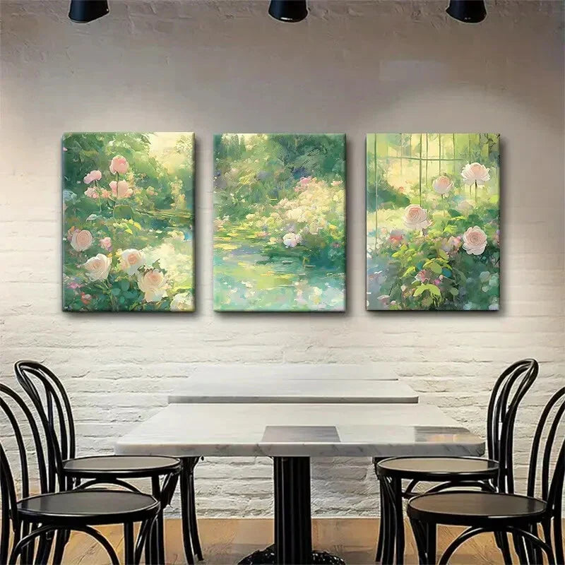 3pcs Serene Garden Rose Lush Greenery Perfect Wall Art Set Canvas Framed 40x60cm - High Quality Print 100% Australian Made Wall Canvas Ready to Hang