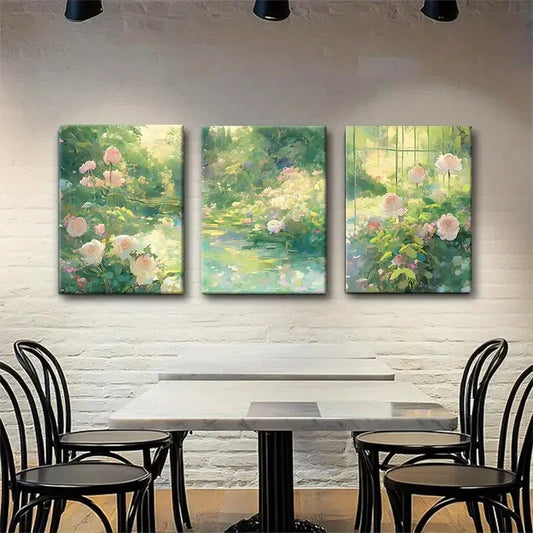 3pcs Serene Garden Rose Lush Greenery Perfect Wall Art Set Canvas Framed 40x60cm - High Quality Print 100% Australian Made Wall Canvas Ready to Hang