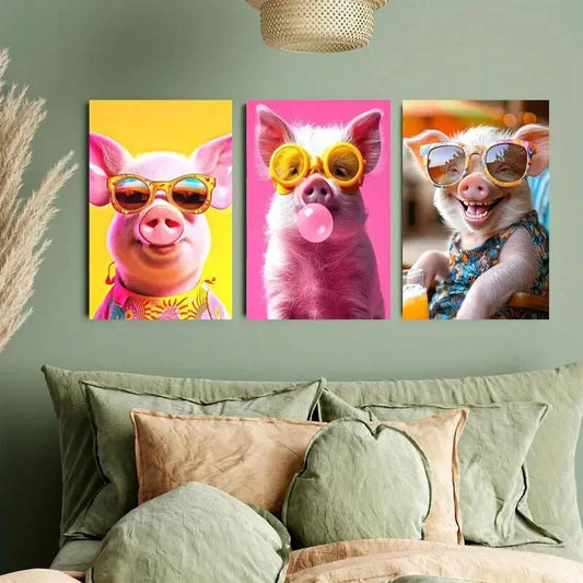 3pcs Whimsical Pig Paintings with Fashion Glasses Metal Print Ready to Hang Art